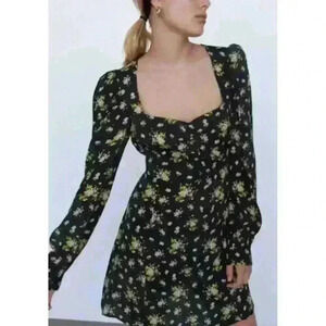Zara Dress Womens S Floral Print Lavender Roses Black Purple Long Sleeve NEW NWT